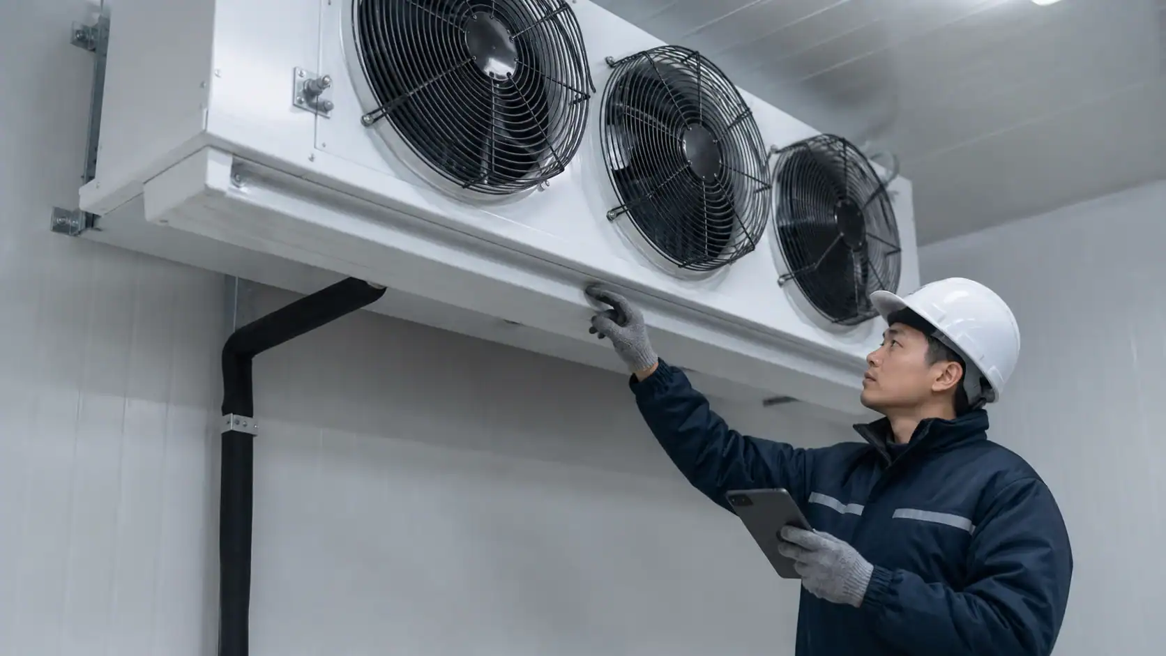 Technician inspecting commercial refrigeration unit with tablet and safety helmet.