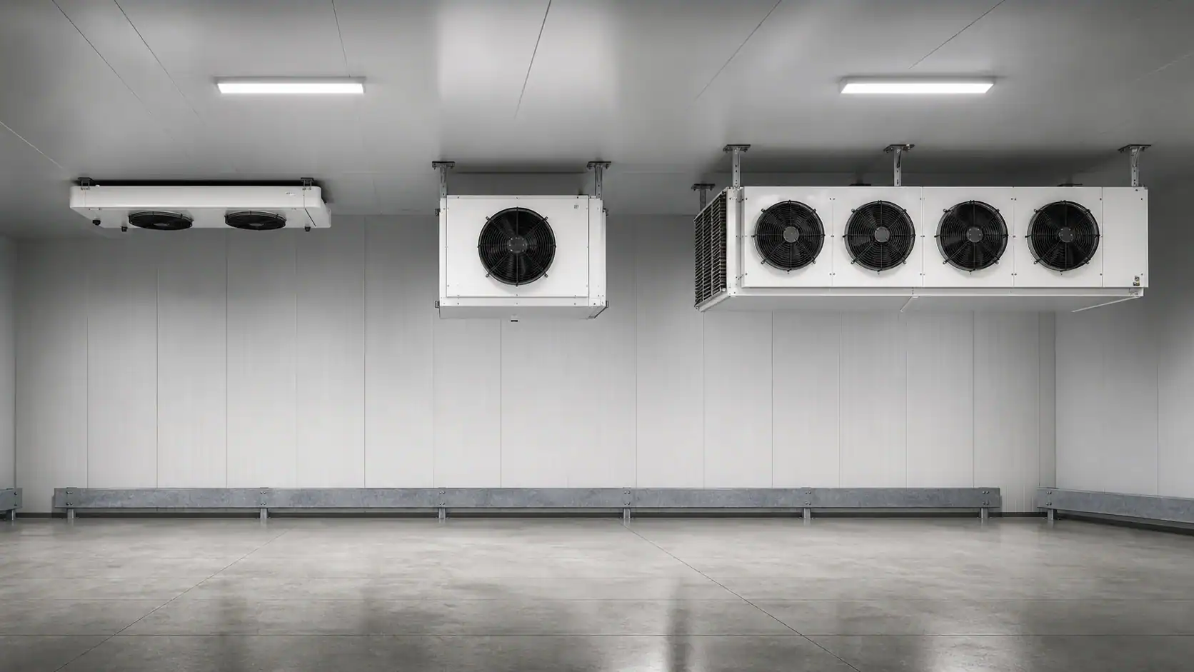 Large commercial refrigeration units installed in a spacious, clean room.