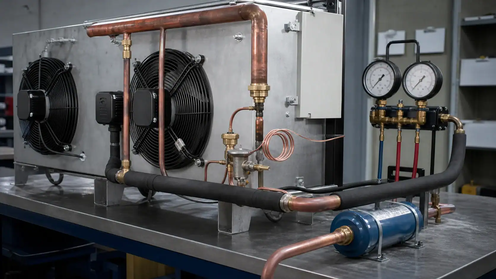Industrial refrigeration system with fans, gauges, and copper piping by Domi Refrigeration.
