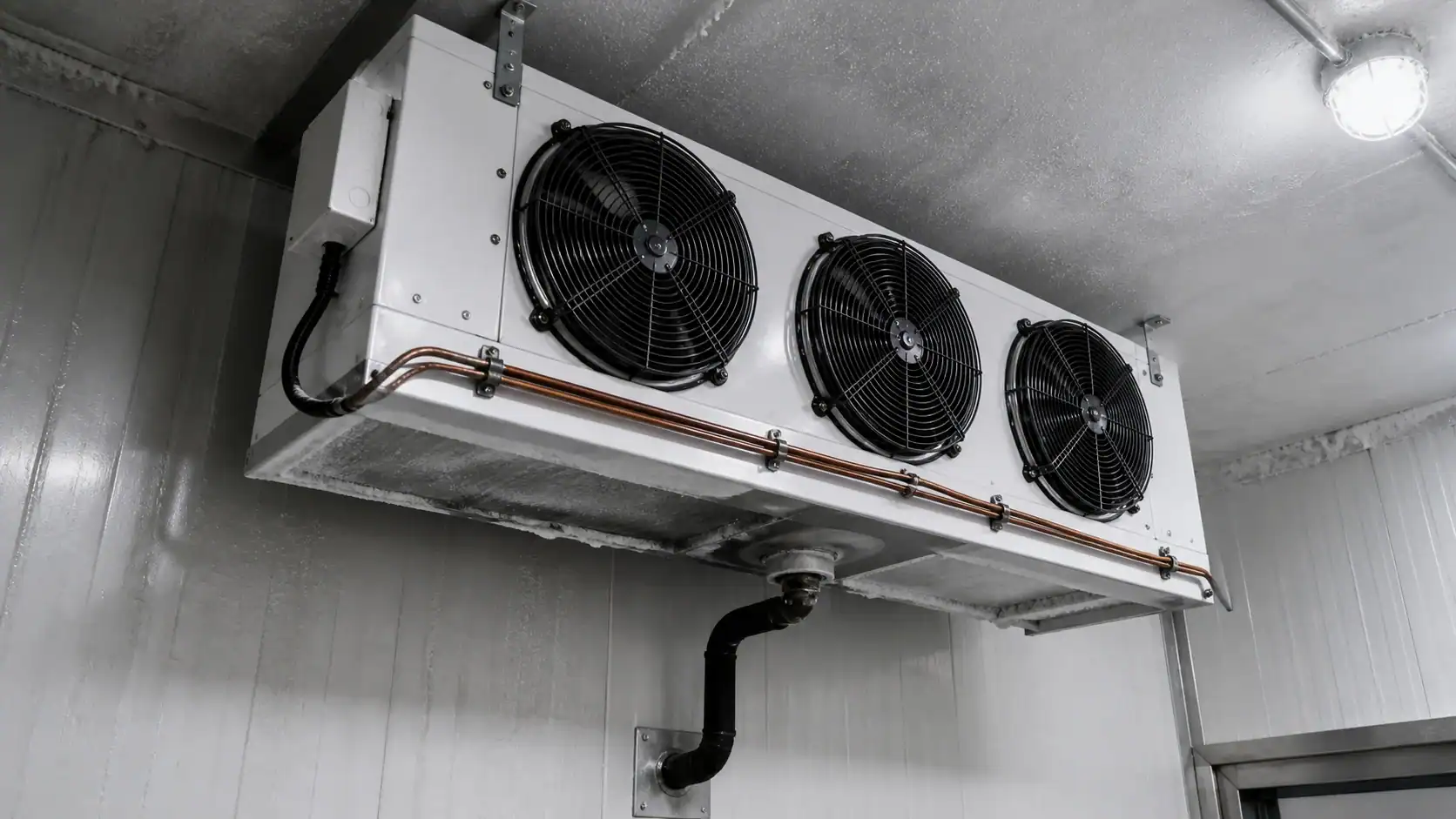 Industrial refrigeration unit with three fans for commercial cooling.