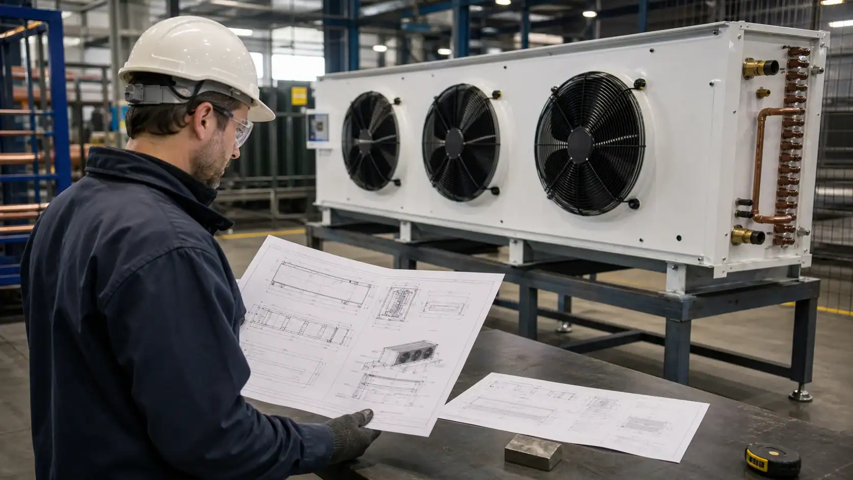 Technician inspecting industrial HVAC unit with blueprints in factory setting.