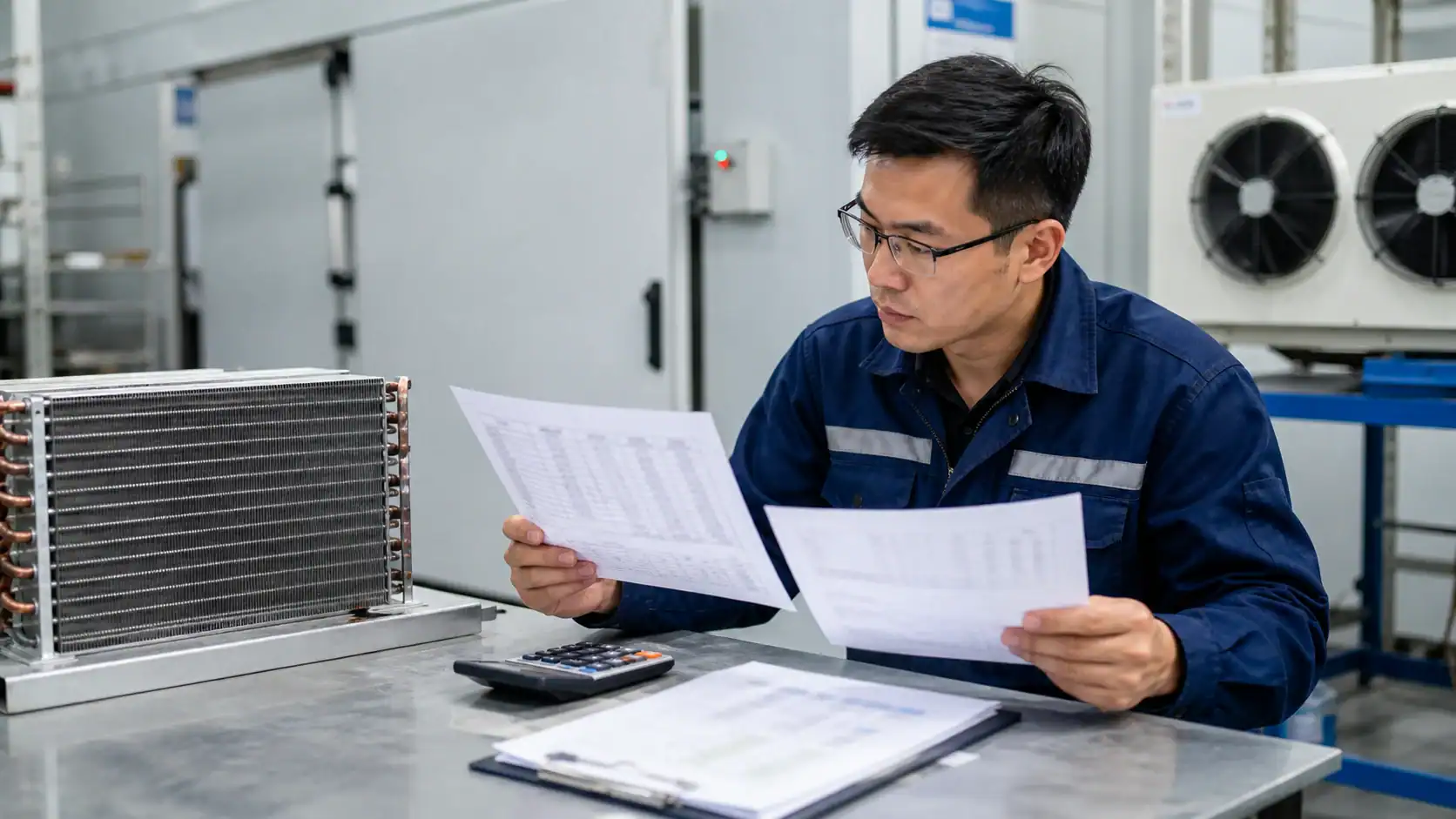 Technician reviewing documents near refrigeration units in a service facility.