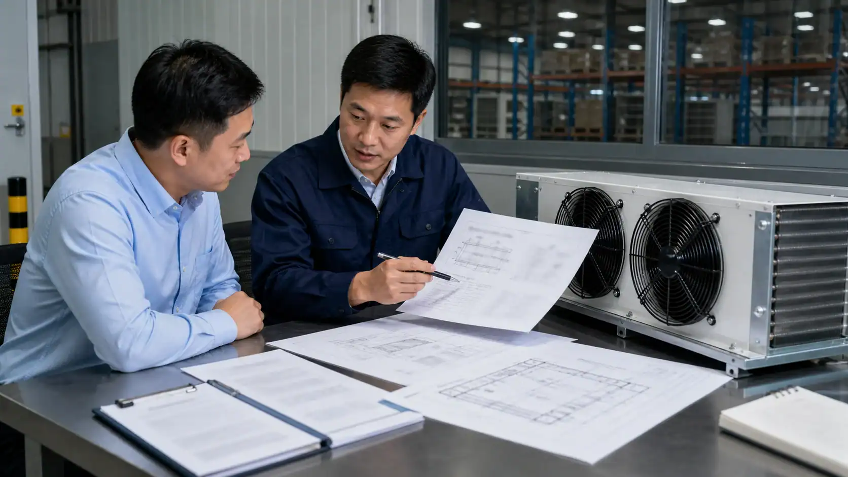 Two technicians discussing refrigeration system plans in a modern facility.