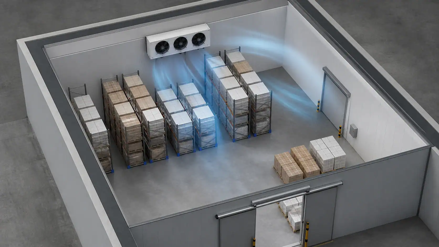 Large industrial cold storage room with refrigeration units and stacked pallets.