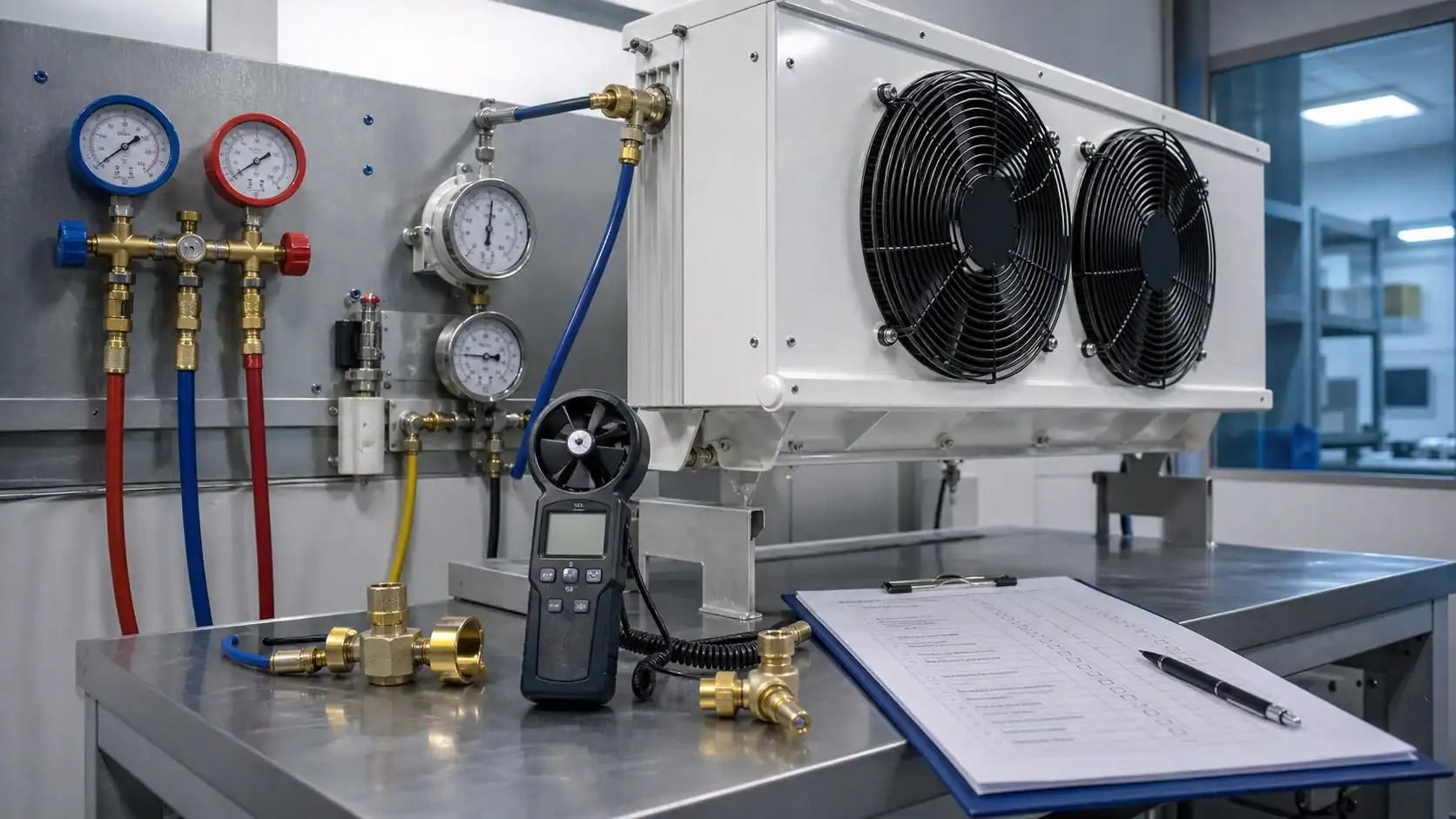Industrial refrigeration unit with gauges, valves, and control device.