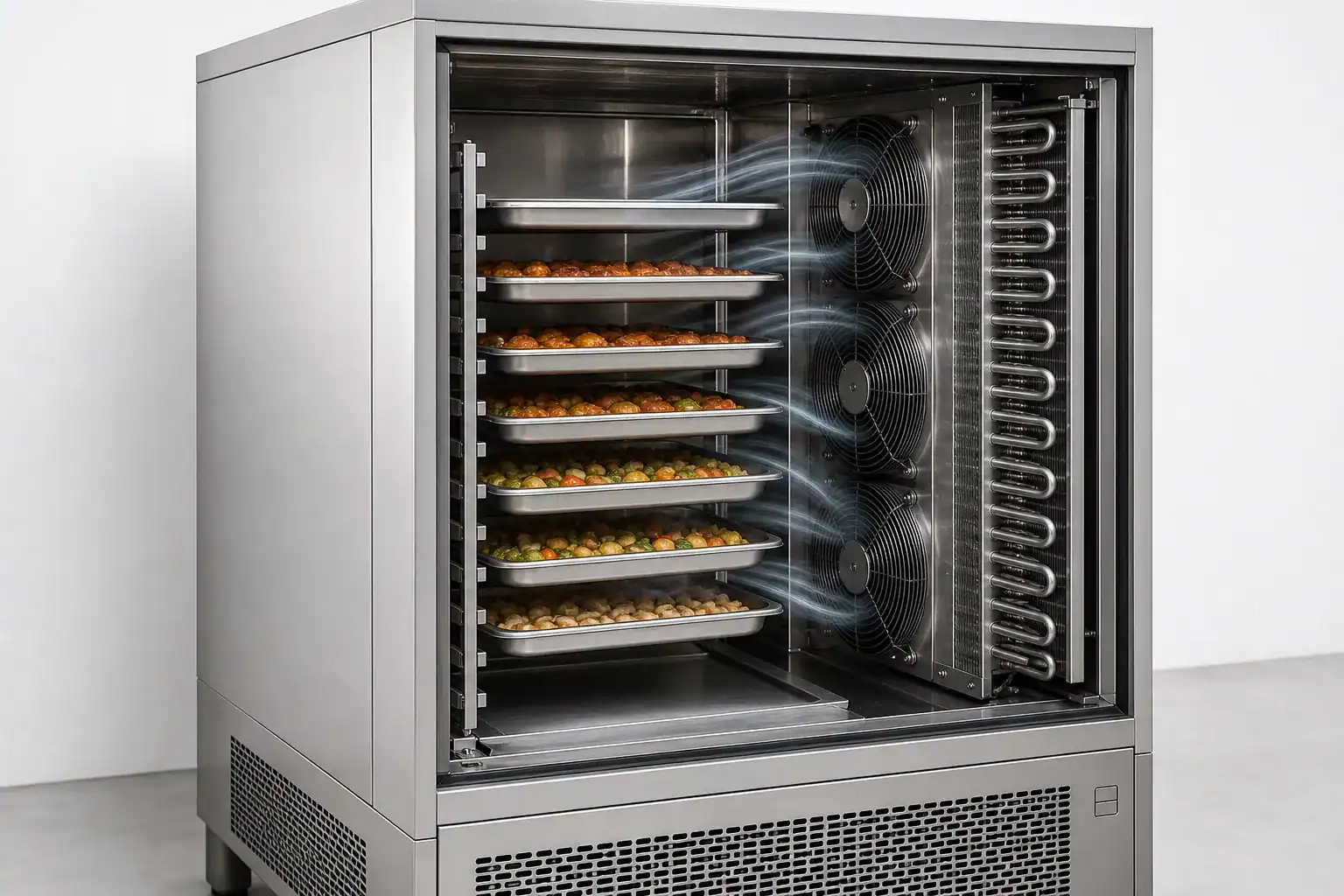 Cutaway view of a blast chiller cabinet cooling trays with forced air