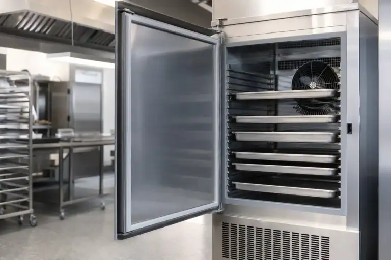 Stainless steel commercial refrigeration unit with open door and shelves.