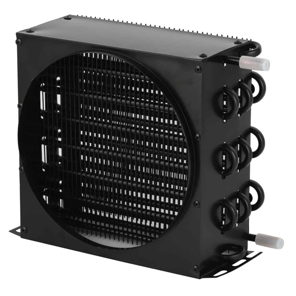 Wire tube condenser with sheet-metal construction for efficient heat exchange.