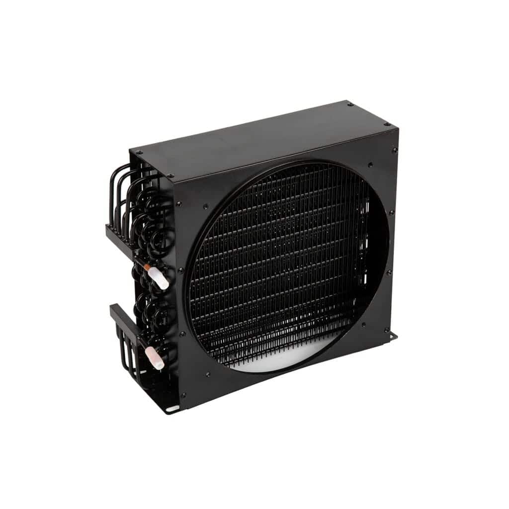 Wire tube condenser with sheet-metal casing for refrigeration systems.