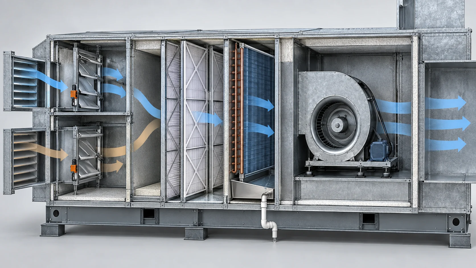 Cutaway air handling unit showing filter, coil, fan, damper, and drain-pan sections