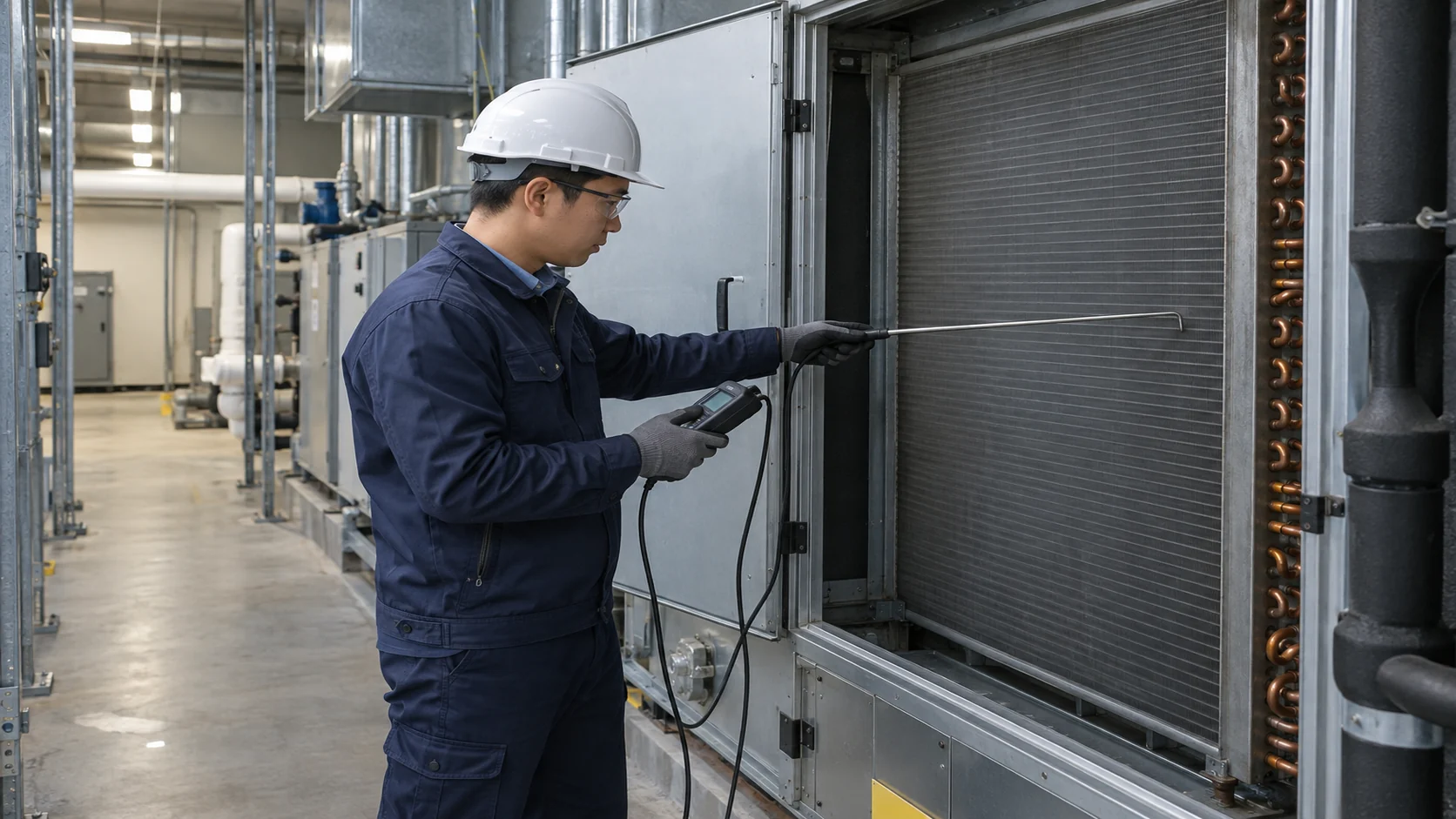 Asian HVAC engineer measuring airflow and differential pressure at an air-handler coil face