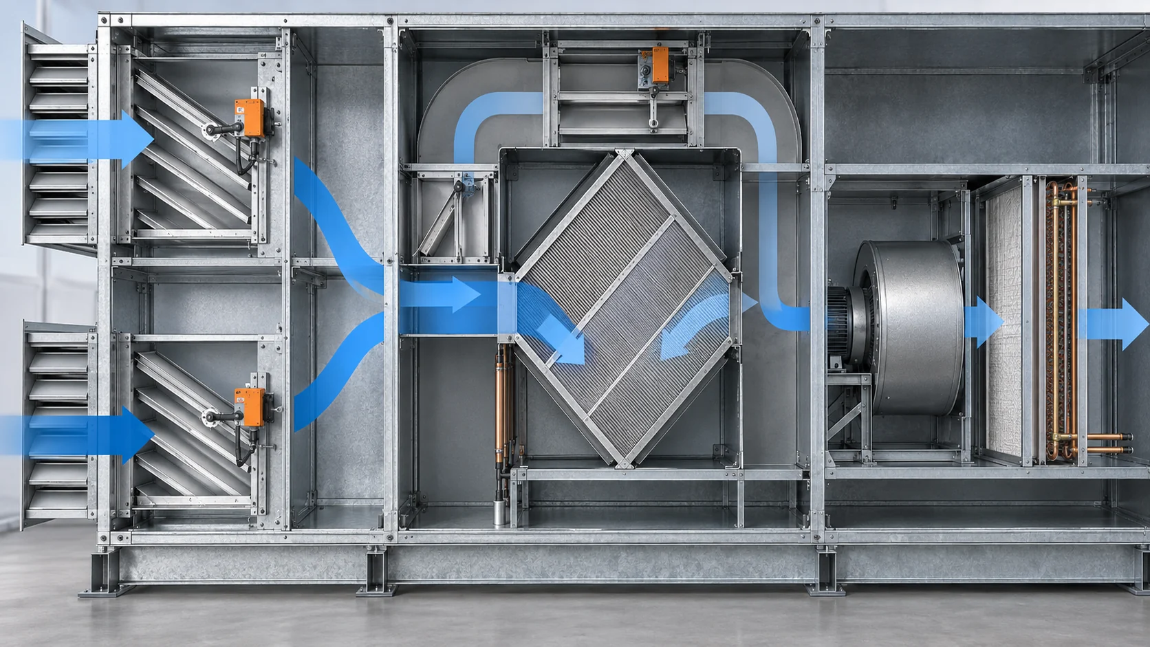 Outside-air and return-air dampers with actuator, bypass path, and heat-recovery section