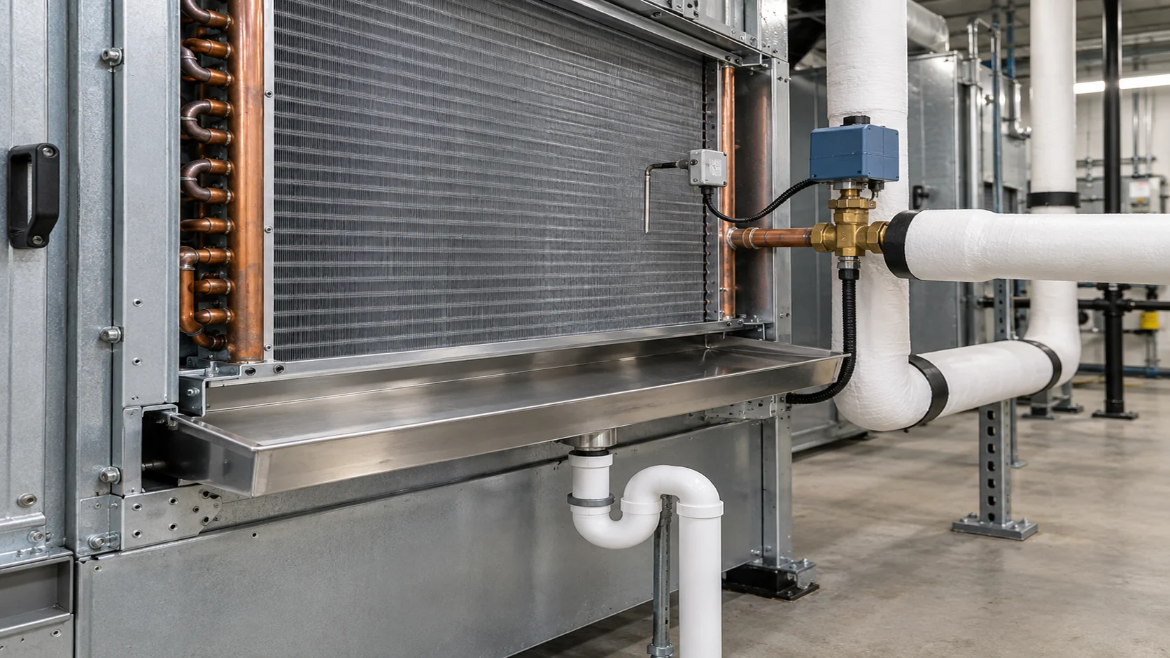 Chilled-water coil with sloped drain pan, trap, freeze sensor, and control valve