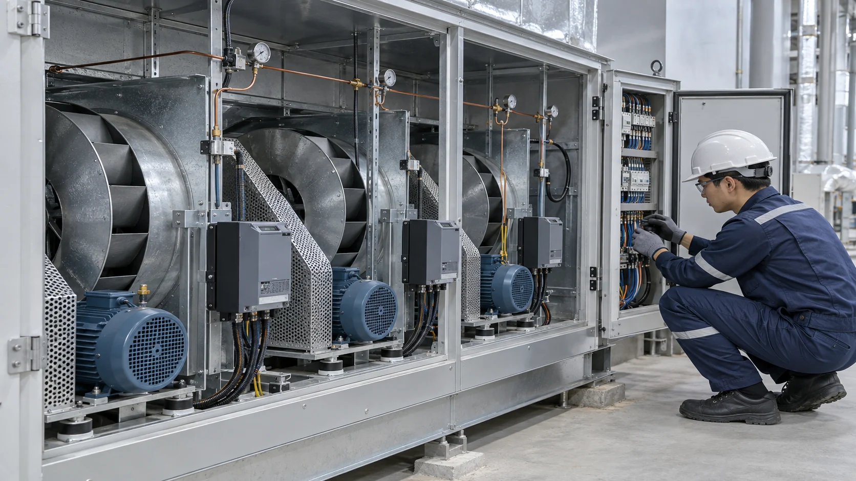 Air handler fan array, motor, variable-frequency drive, sensors, and controls cabinet