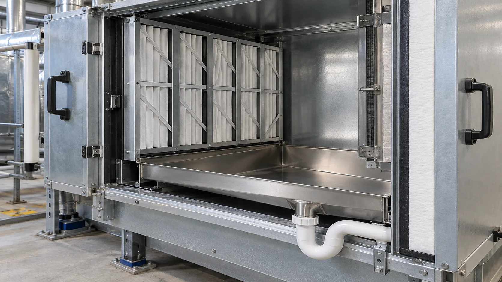 Commercial air handler filter bank, insulated casing panels, and stainless condensate drain pan