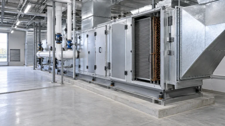 Коммерческий воздухообработчик на обслуживаемом каркасе HVAC с заголовками для охлажденной воды и переходами воздуховодов