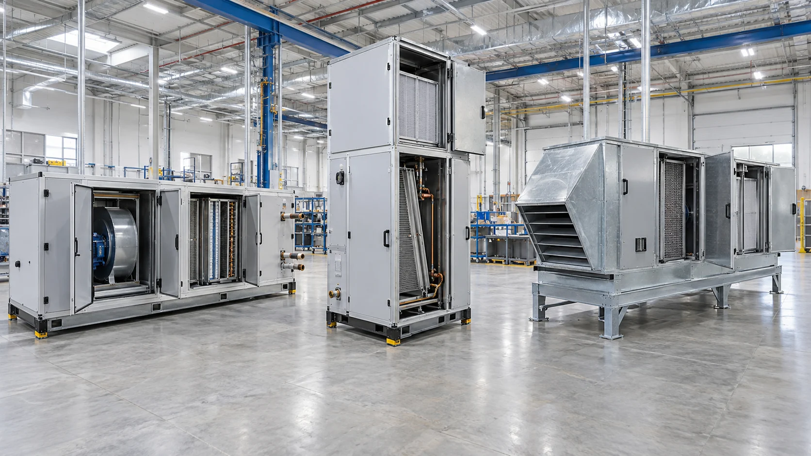Horizontal, vertical, and rooftop commercial air handler layouts with coil pull-out clearance