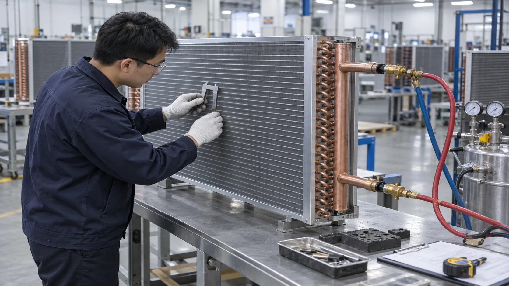 Asian quality engineer measuring an air-handler coil and checking pressure-test setup