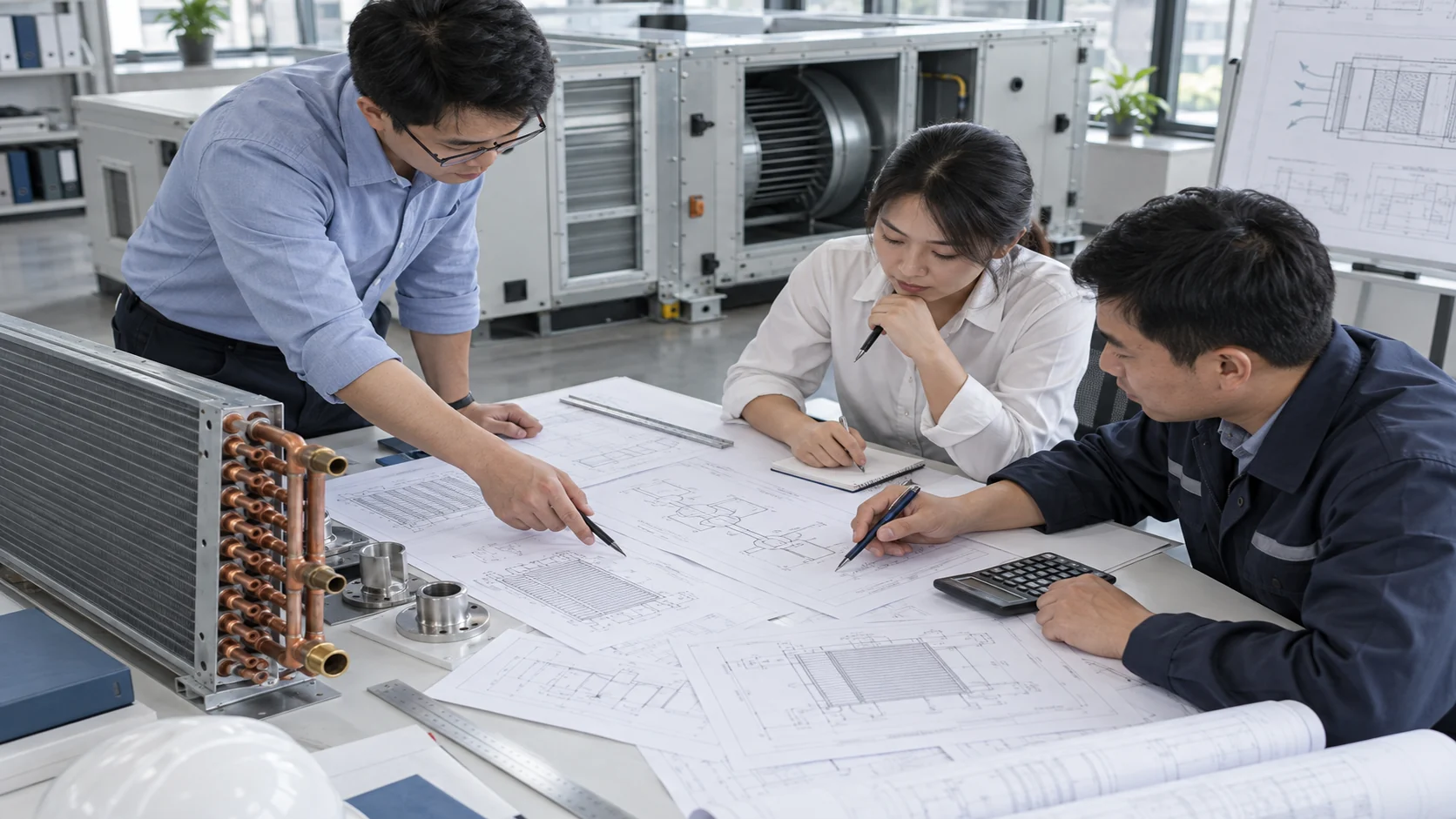 Asian procurement and mechanical engineering team reviewing air-handler RFQ and coil schedule