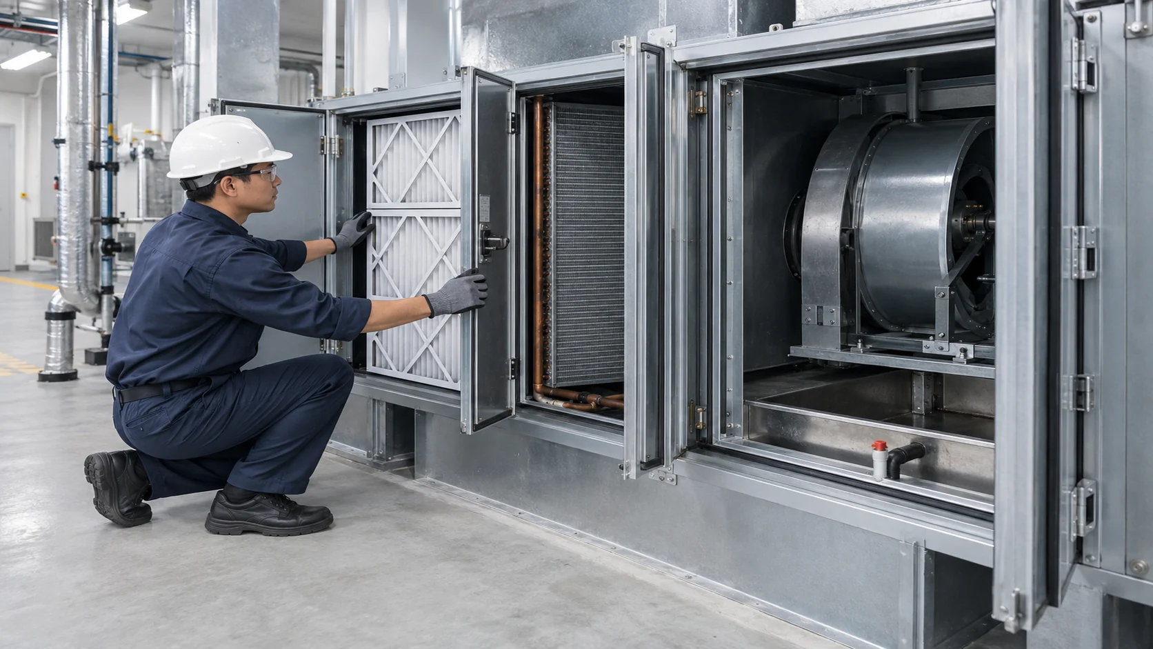 Asian maintenance engineer inspecting filters, coil face, fan, and drain pan through AHU access doors