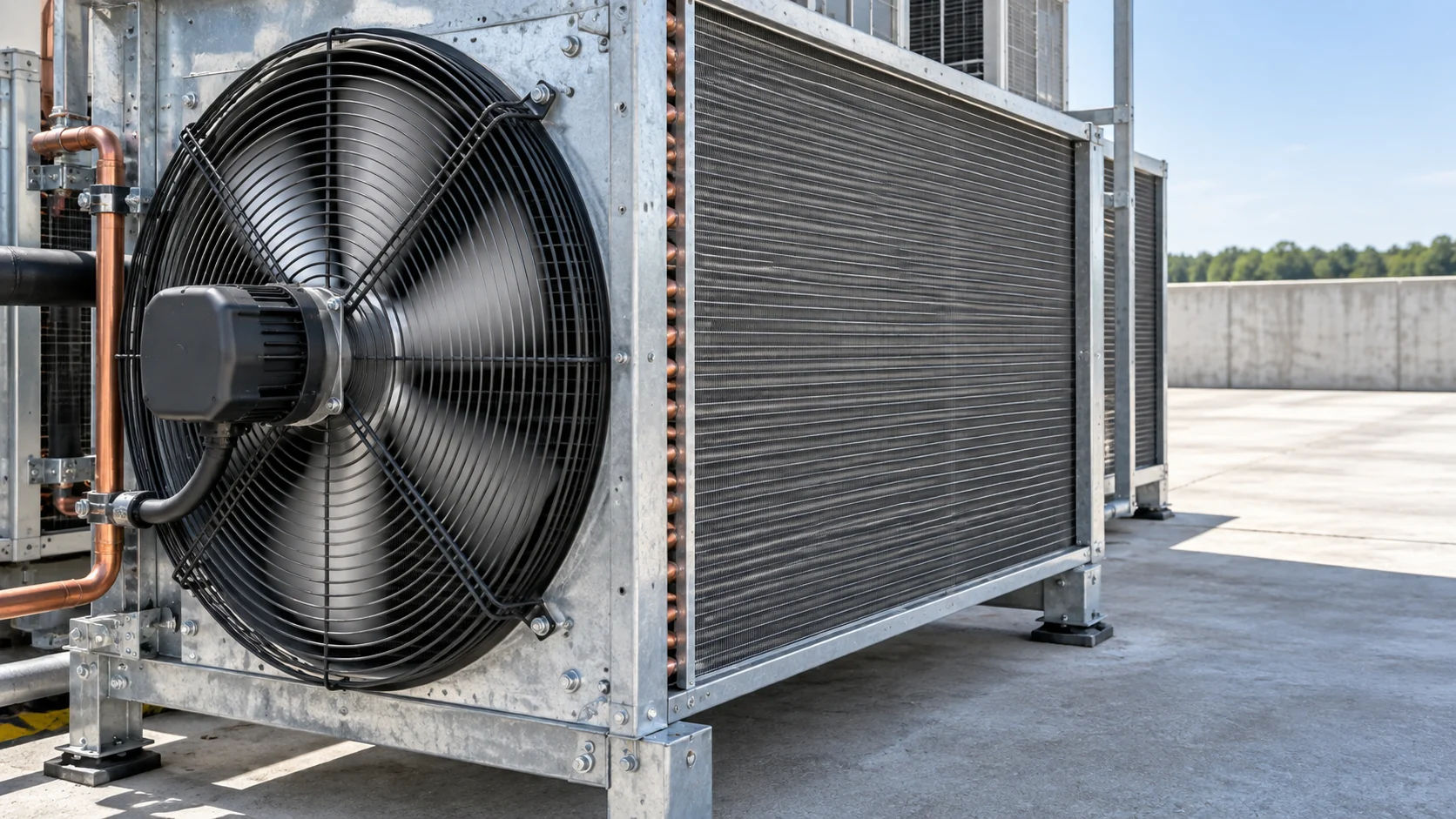 Condenser fan airflow path Wide technical service scene showing condenser air entering through a guard, crossing a finned coil, and leaving into clear outdoor space with no labels