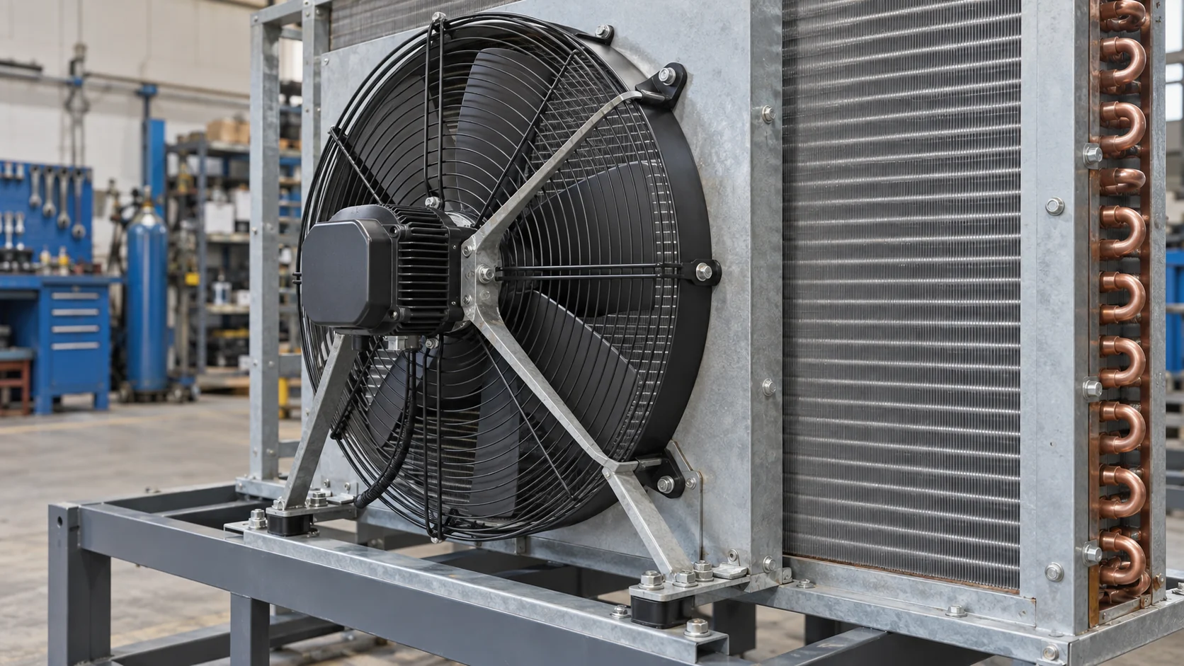 Axial condenser fan assembly Industrial axial fan assembly with guard, struts, motor and condenser coil shown in a serviceable side view