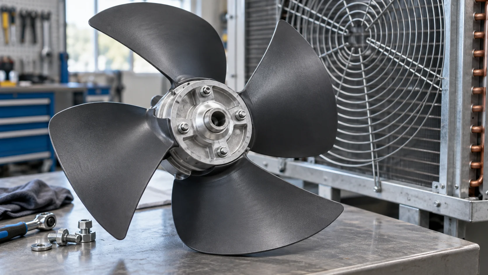 Condenser fan blade and hub Detailed close-up of balanced axial condenser fan blade and hub beside a finned coil, guard and mounting hardware, no logos or text