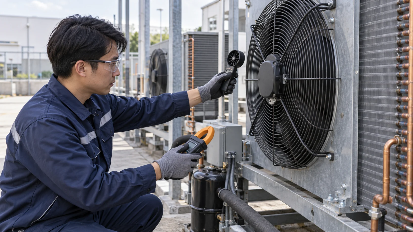 Condenser fan commissioning Asian refrigeration technician measuring condenser air velocity, motor current and discharge temperature with calibrated instruments