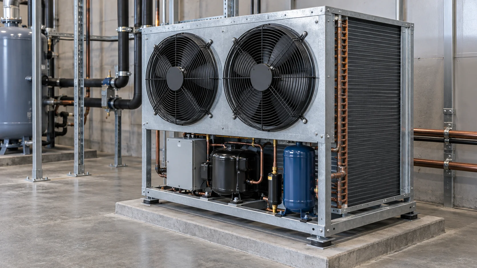 Condenser fan on a condensing unit Commercial condensing unit with two condenser fans, coil face, receiver, liquid line and service panels in a realistic plant room