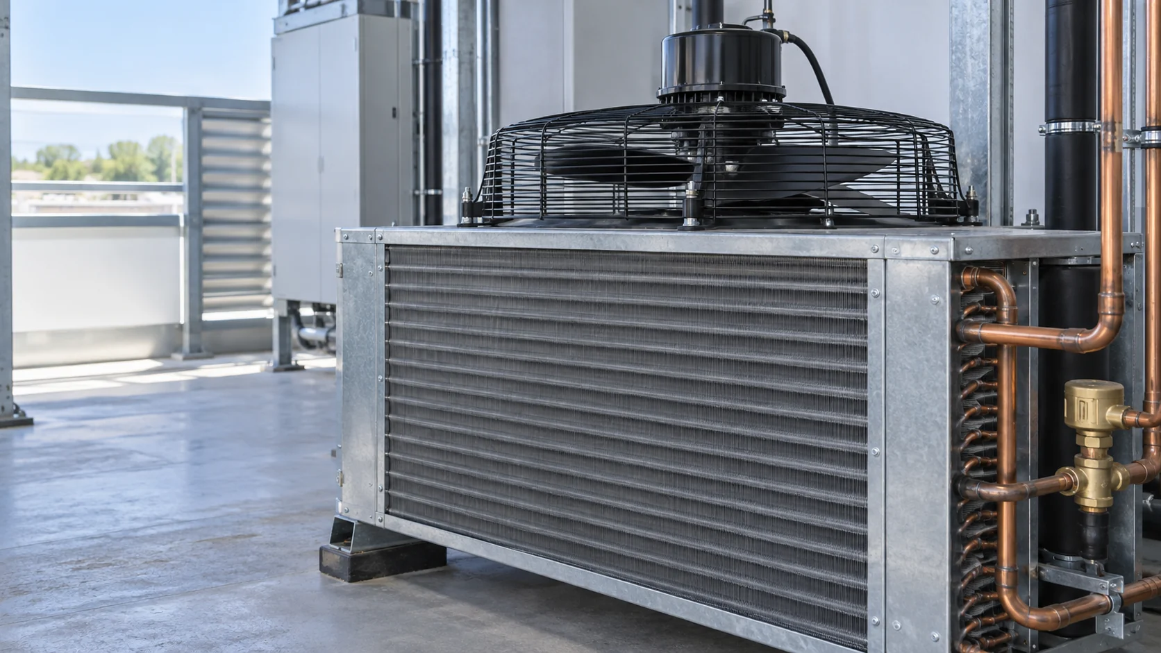 Condenser fan selection guide hero مروحة مكثف تبريد تجاري مركبة فوق ملف مكثف مزعنر على وحدة تكثيف، مع مساحة خدمة وأنابيب نحاسية ظاهرة