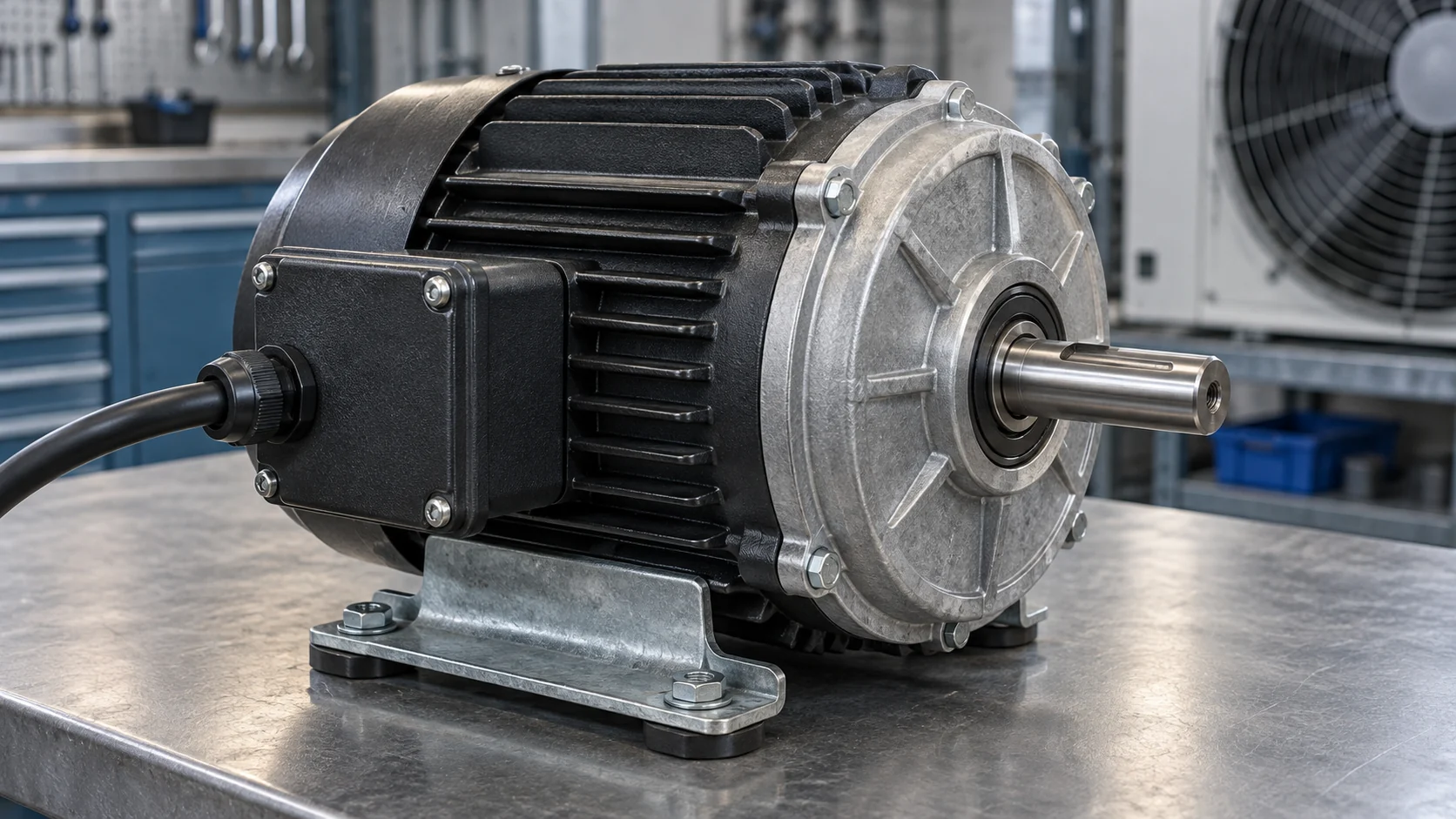 Condenser fan motor selection Close realistic commercial condenser fan motor with terminal box, mounting bracket, shaft, bearings and weather-resistant cable gland