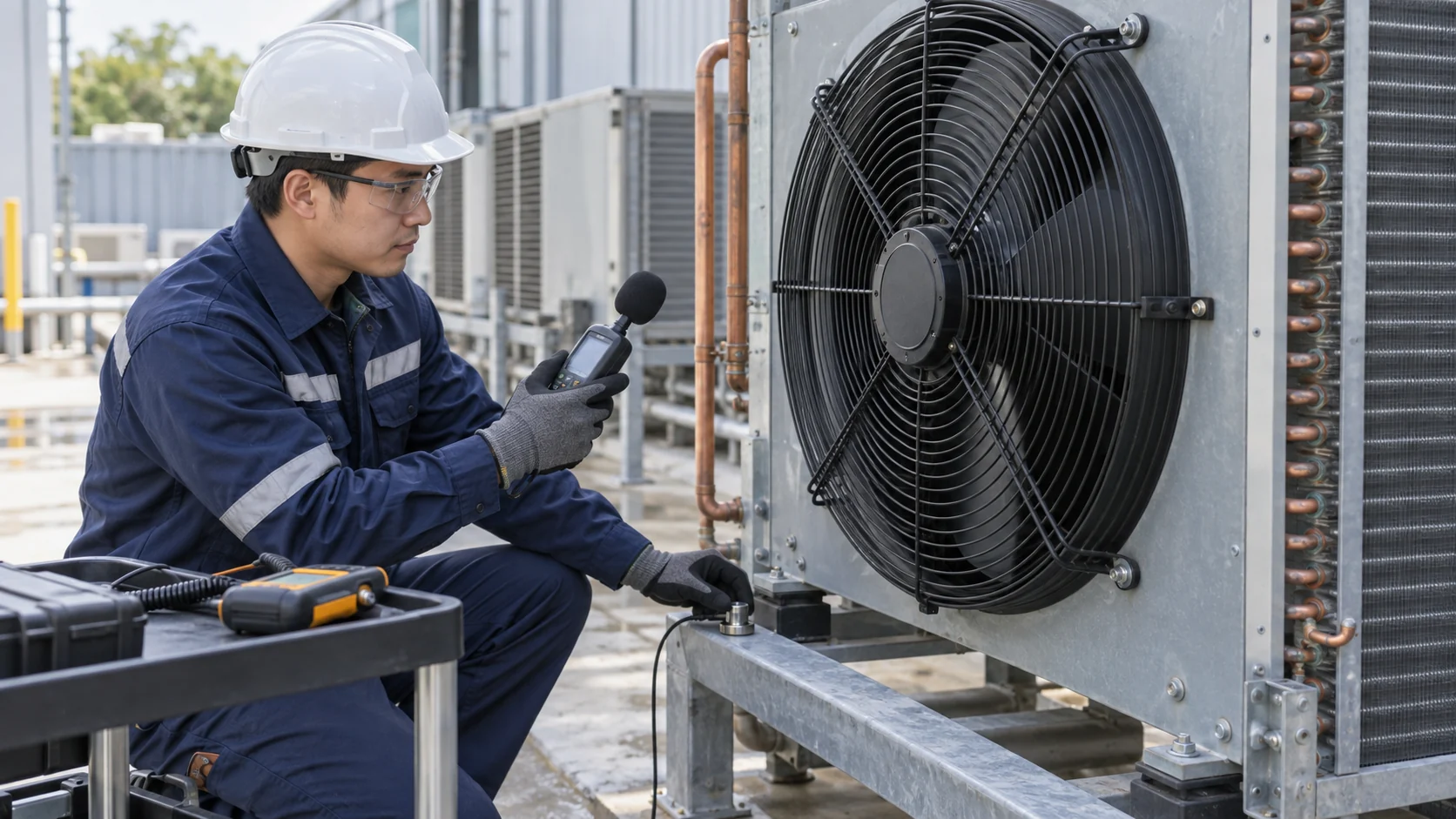 Condenser fan noise and vibration check Asian HVAC engineer using a handheld sound meter beside a condenser fan while checking vibration and airflow in a commercial service area