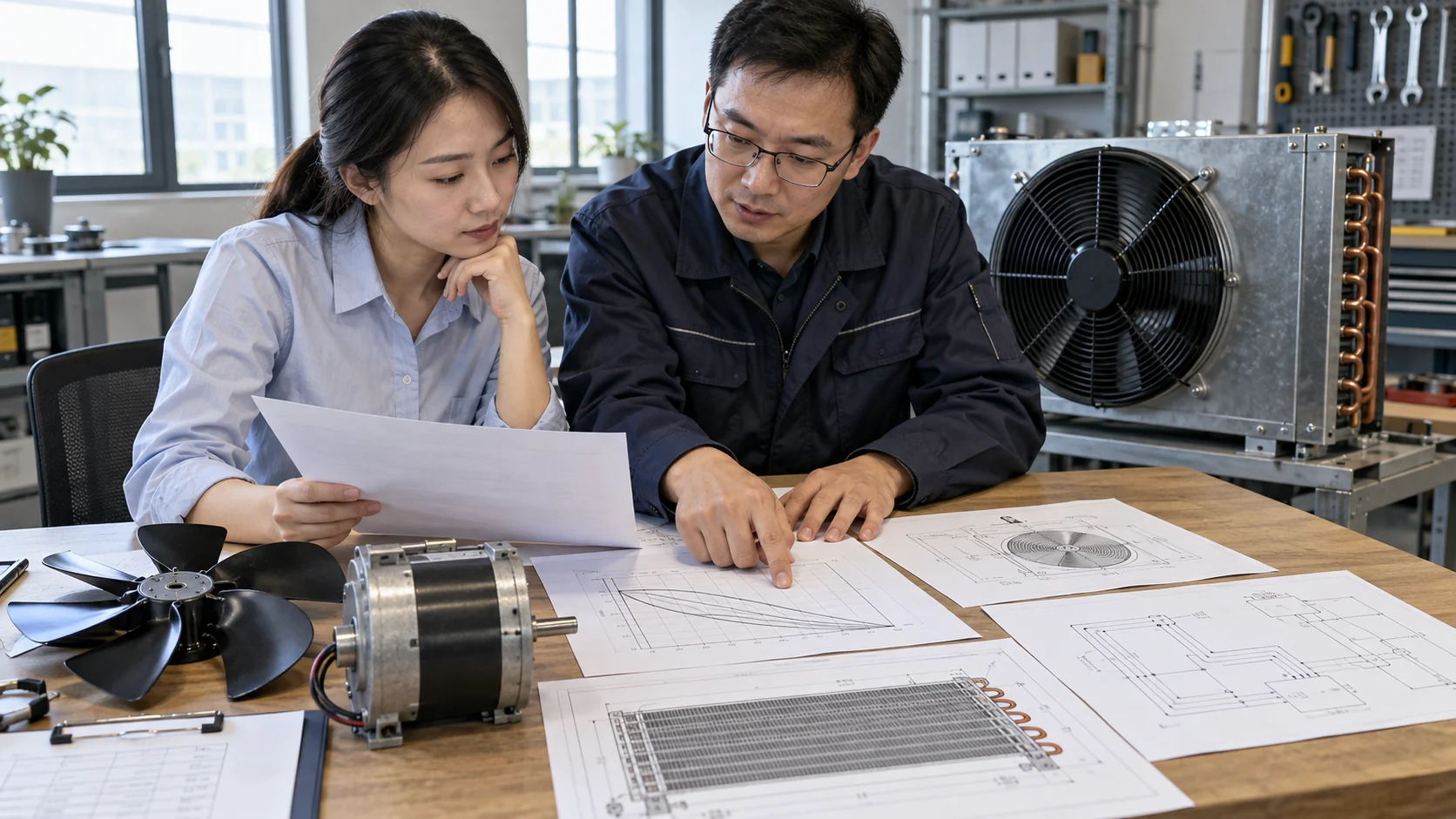 Condenser fan RFQ review Asian procurement buyer and mechanical engineer reviewing condenser fan motor datasheets, fan curve, coil selection sheet and wiring drawing on a table