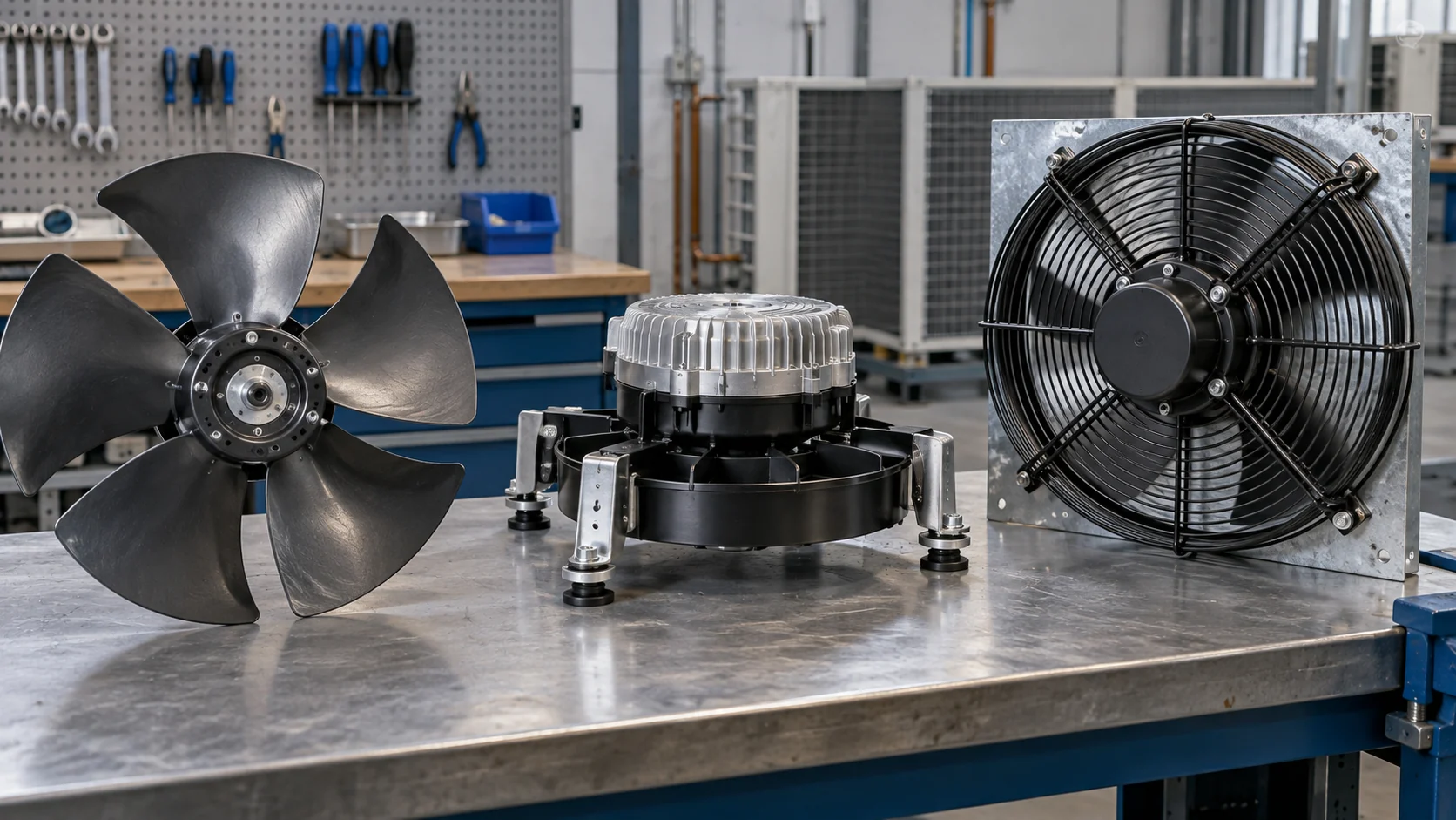Condenser fan types for refrigeration Three distinct condenser fan arrangements on a clean industrial workshop bench: axial propeller fan, EC fan motor, and beltless direct-drive assembly