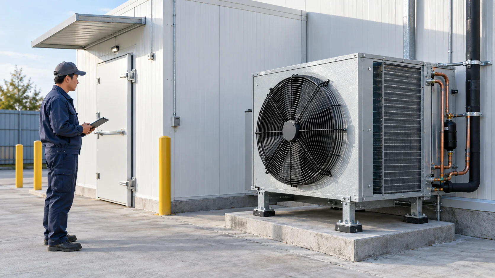 Walk-in cooler condenser fan Walk-in cooler outdoor condensing unit with condenser fans, coil guard, roof clearance and technician access path