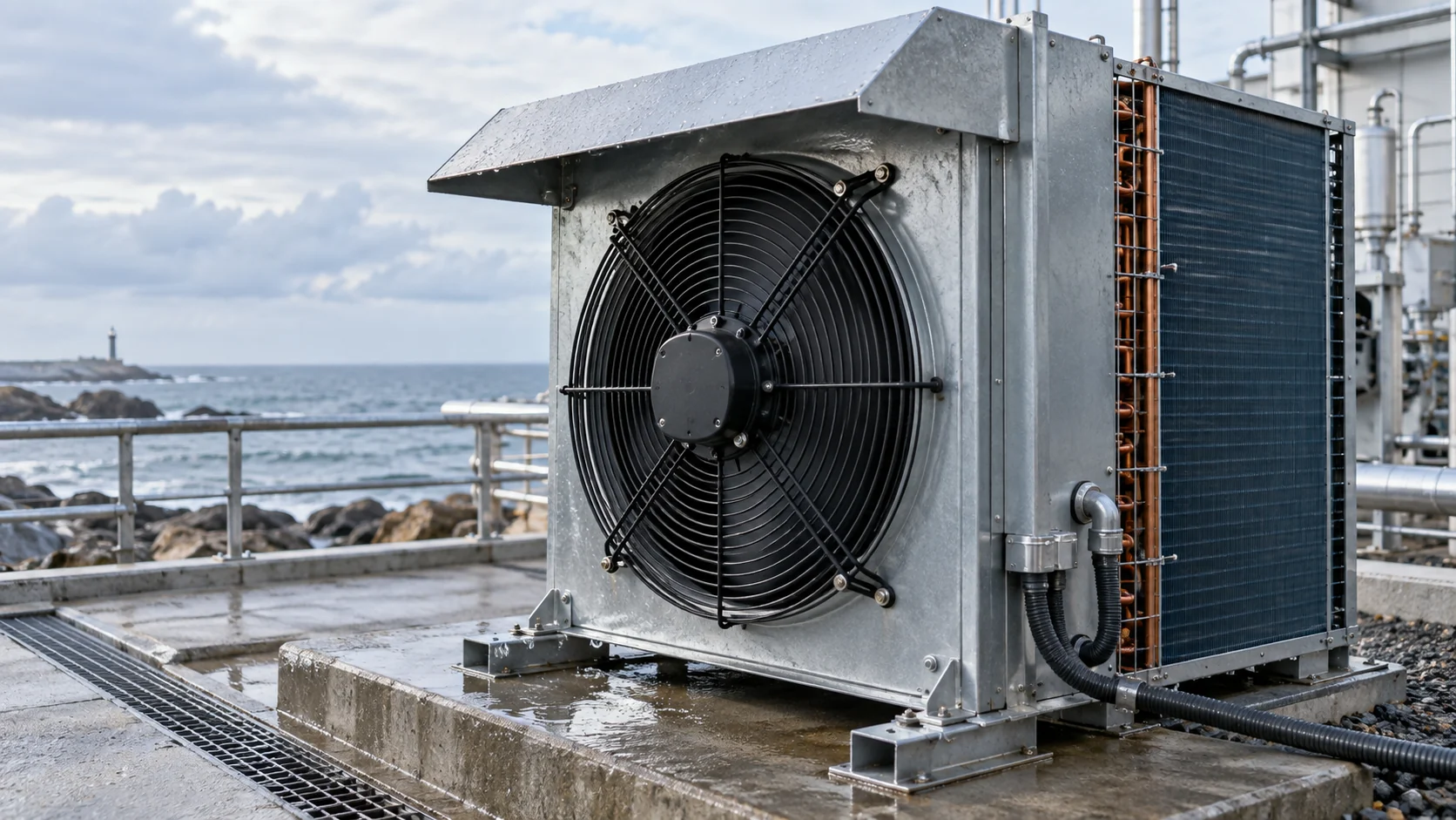 Outdoor condenser fan weather protection Condenser fan operating in a coastal outdoor environment with protective coil coating, rain hood, drain path and corrosion-conscious hardware