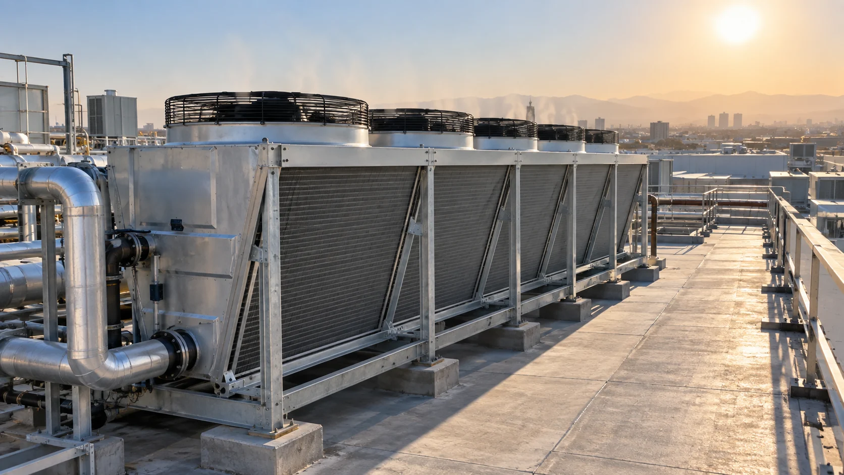 Air-cooled system selection Rooftop air-cooled finned heat exchanger with axial fans operating in hot ambient conditions