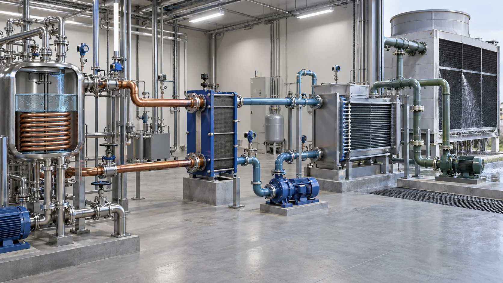 Cooling system architecture Cutaway industrial cooling plant showing process, secondary-fluid, and heat-rejection loops