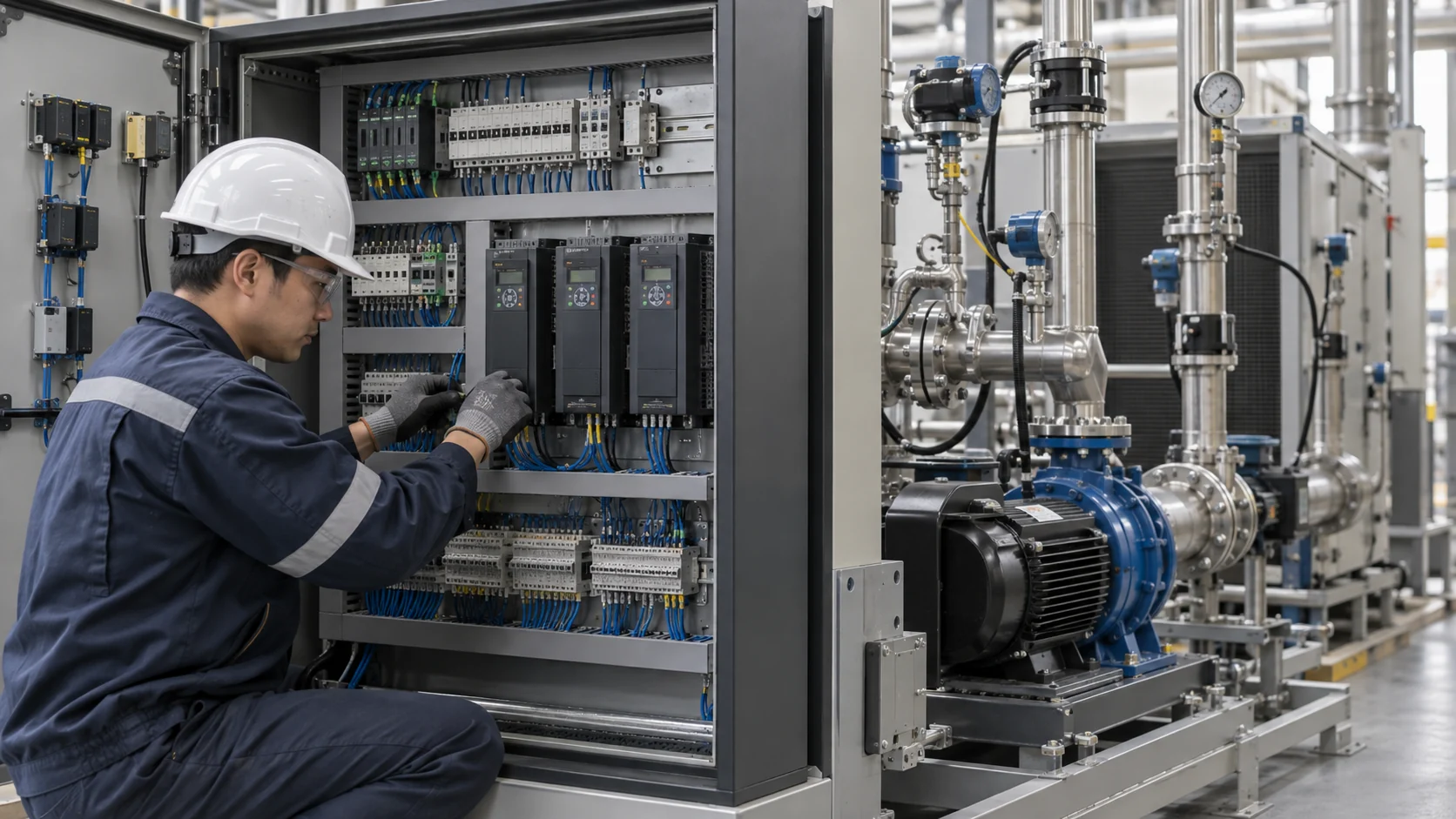 Cooling system controls commissioning Asian controls engineer commissioning a cooling-system panel with probes, flow switches, and drives
