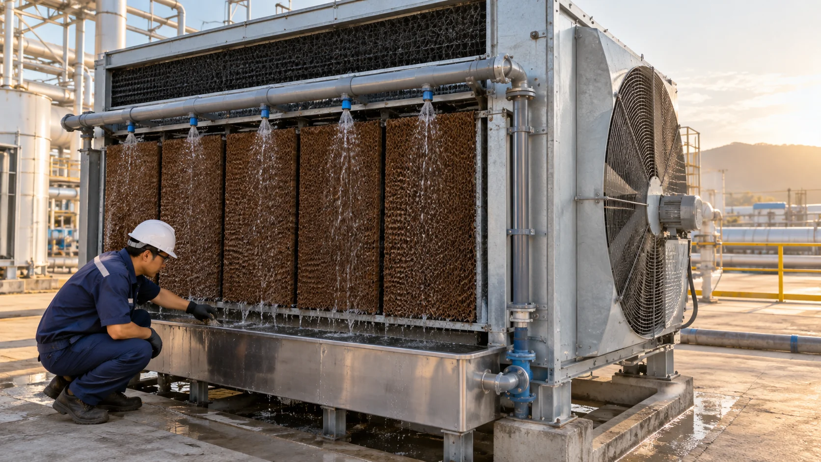 Evaporative and adiabatic cooling Adiabatic cooling package with wetted pads, spray manifold, basin, and service access