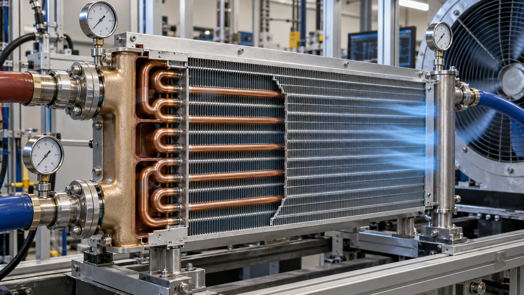 Cooling heat exchanger construction Cutaway fin-and-tube heat exchanger with headers, circuiting paths, and physical pressure gauges