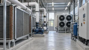 Planta de refrigeración industrial con intercambiadores de calor aleteados, bombas, enfriadores de aire, tuberías aisladas y un pasillo de servicio despejado