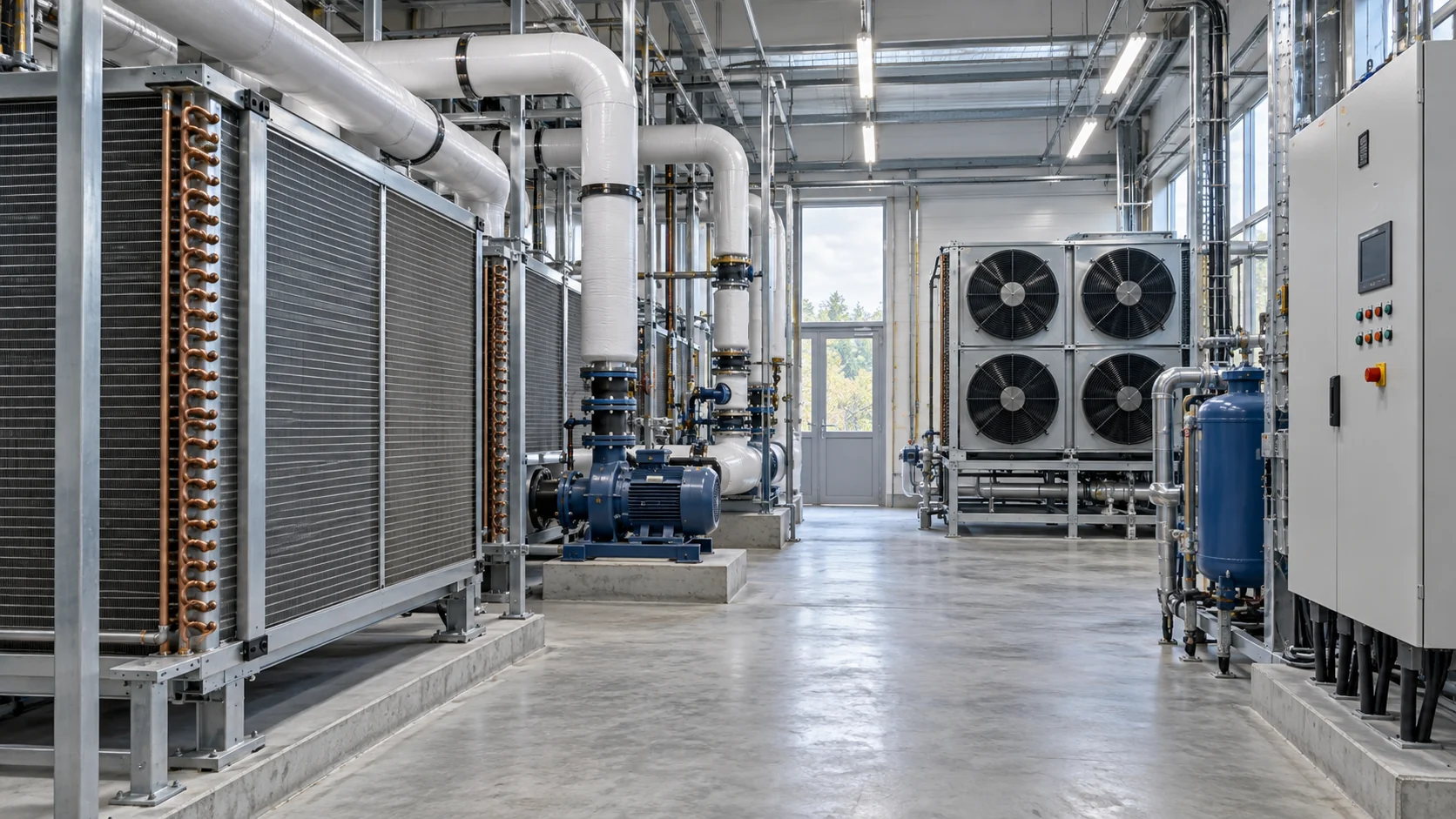 Cooling system selection guide hero Planta de refrigeración industrial con intercambiadores de calor aleteados, bombas, enfriadores de aire, tuberías aisladas y un pasillo de servicio despejado