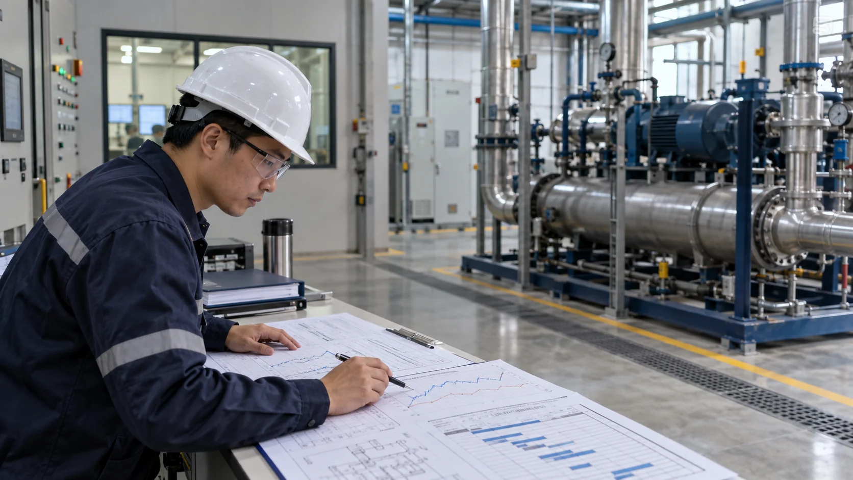 Cooling system load profile review Asian process engineer reviewing cooling-load curves, temperatures, and a utility schedule beside a cooling skid