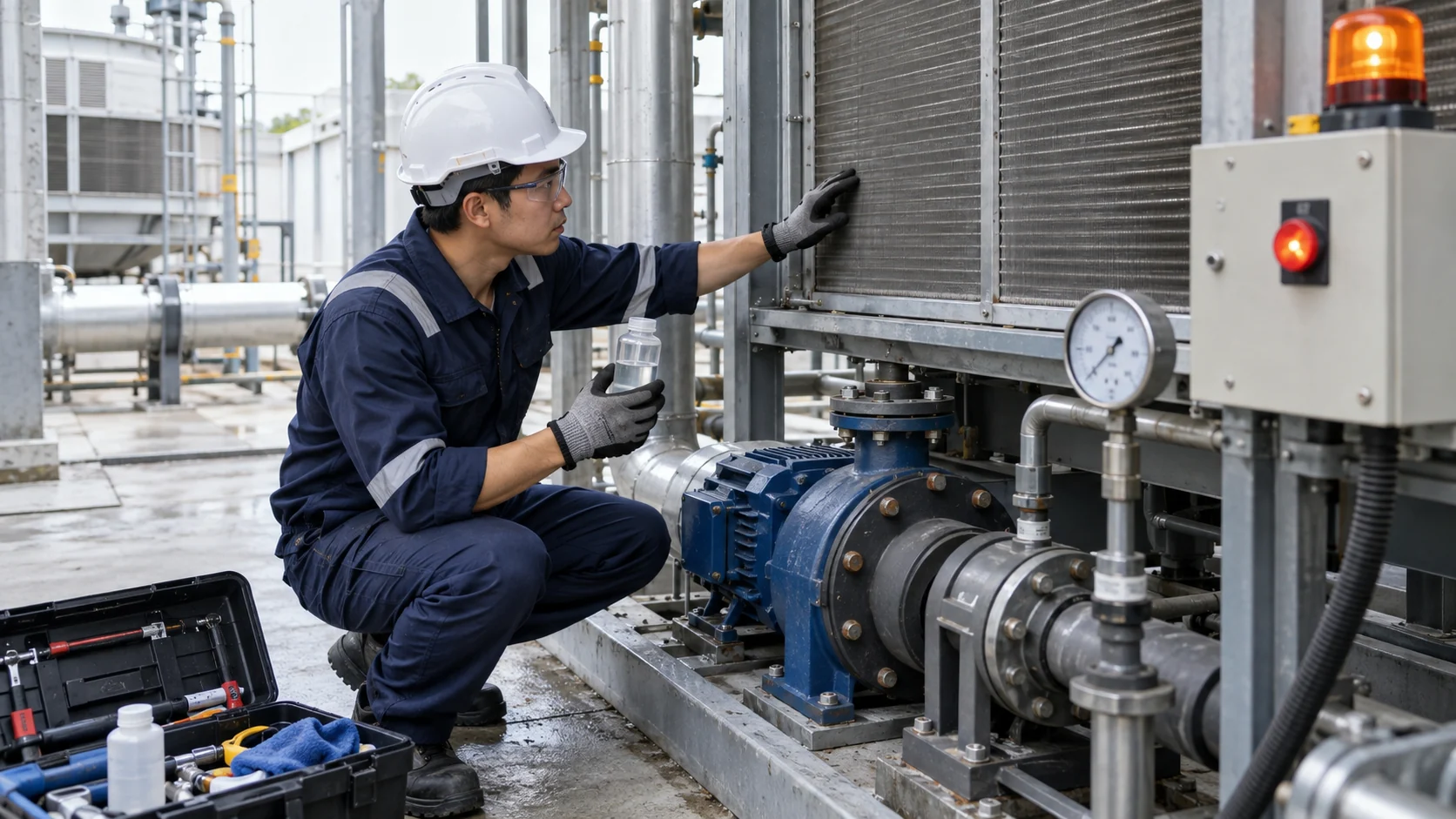 Cooling system maintenance inspection Asian maintenance technician inspecting a finned coil, pump seal, water sample, and alarm indicator