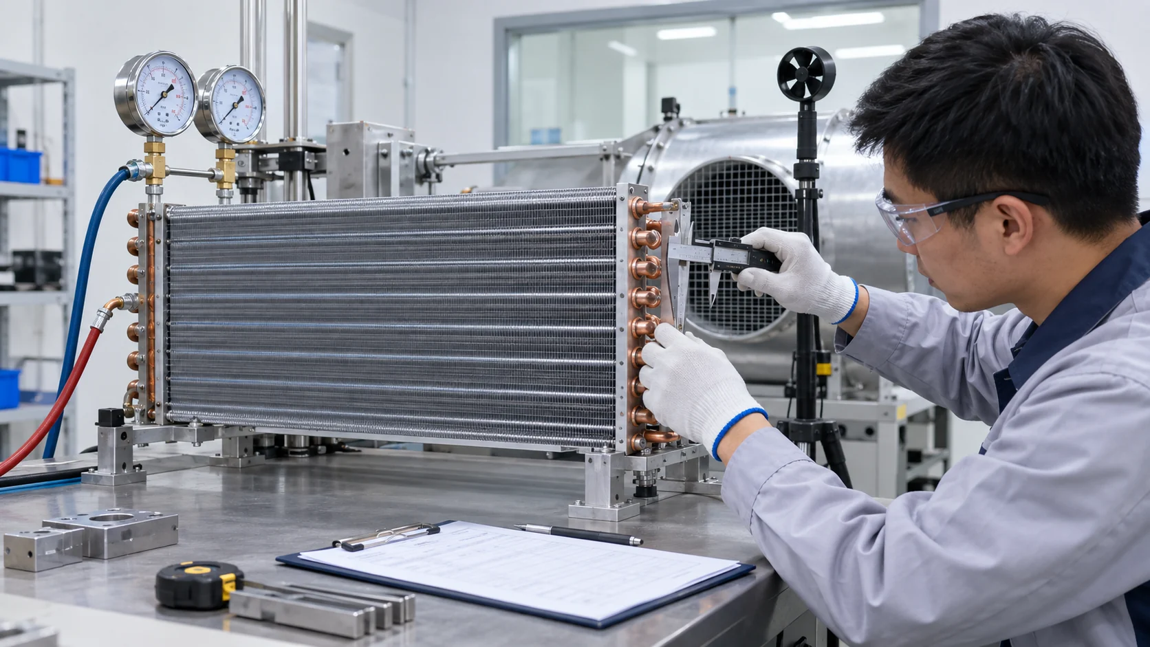 Cooling system quality inspection Asian quality engineer measuring a custom cooling coil with calipers, pressure gauges, and airflow instruments