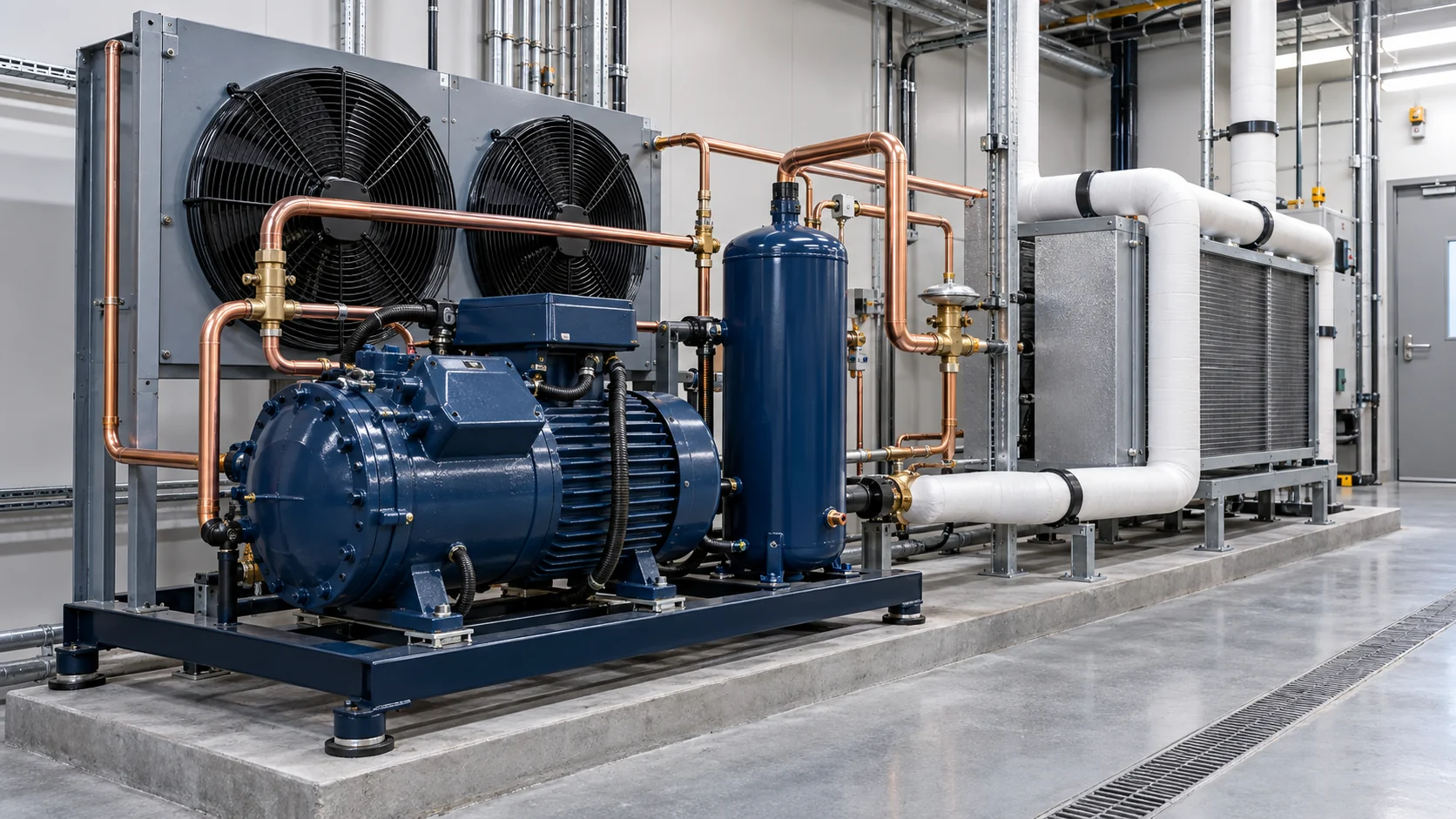Refrigeration cooling loop Packaged refrigeration cooling loop with compressor, evaporator, condenser, receiver, and insulated piping