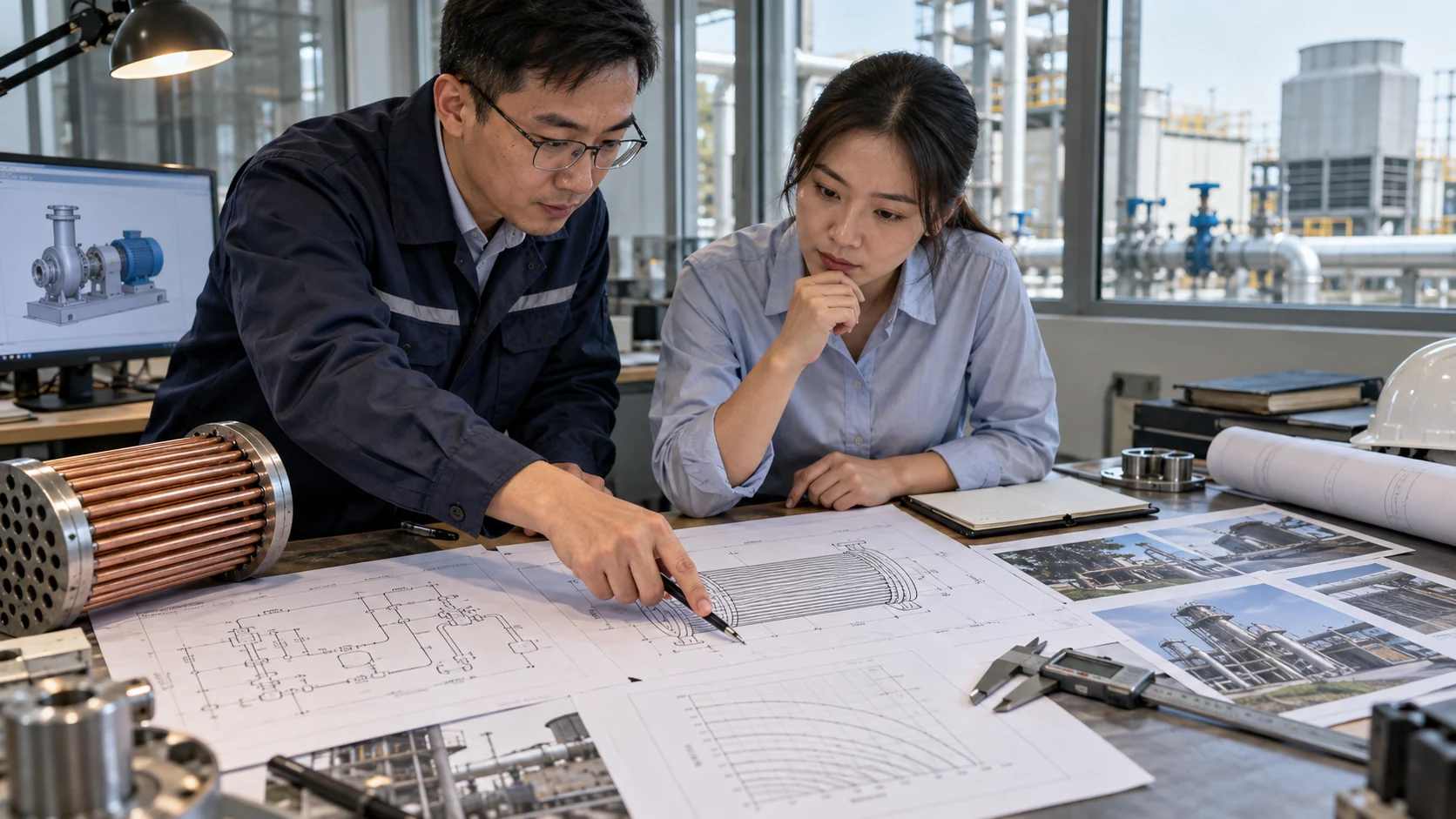 Cooling system RFQ checklist Asian procurement manager and mechanical engineer reviewing a cooling-system RFQ with P&ID and coil drawing