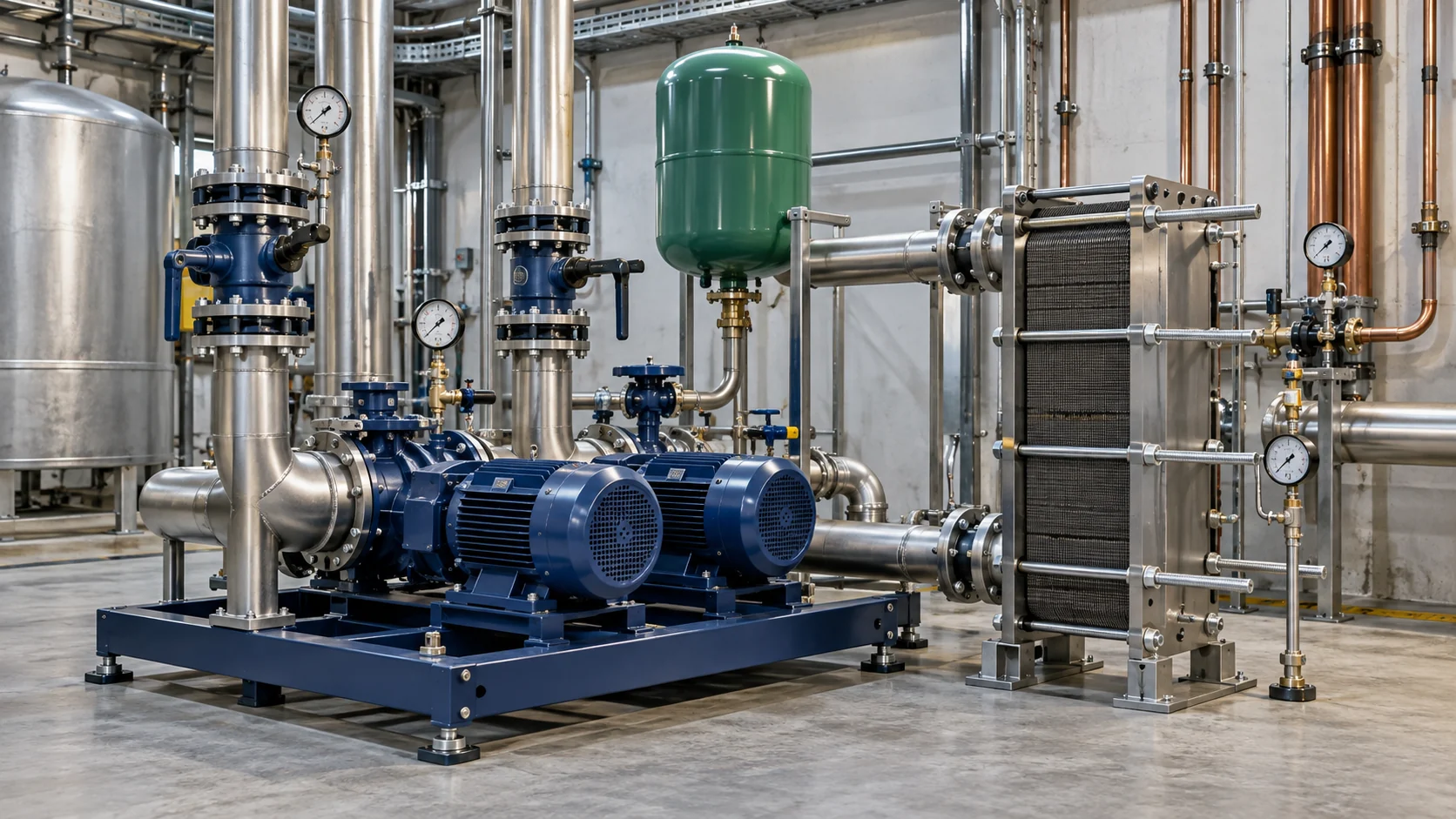 Water-cooled system selection Closed-loop water-cooled package with plate heat exchanger, pump skid, valves, and expansion tank