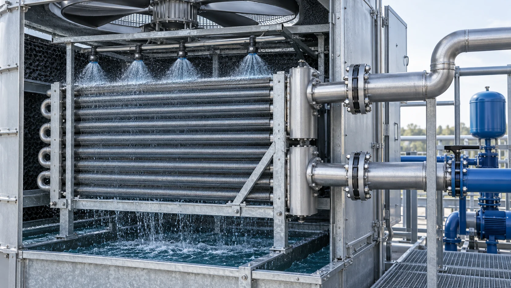 Cooling tower coil and heat-exchanger interface Closed-loop tower cutaway with fin-and-tube coil, stainless headers, spray nozzles, flanges and separate clean fluid circuit